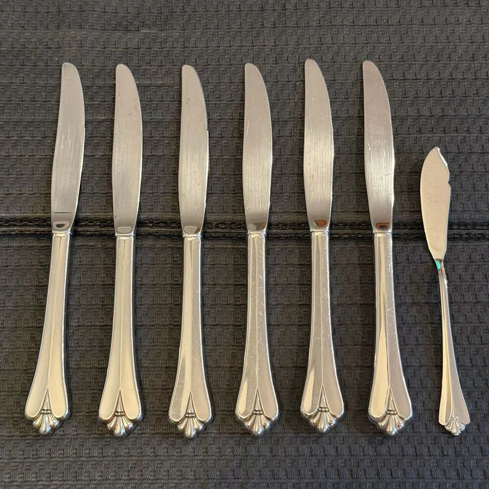 Oneida Royal Flute Stainless Six (6) Dinner Knives & One (1) Butter Spreader
